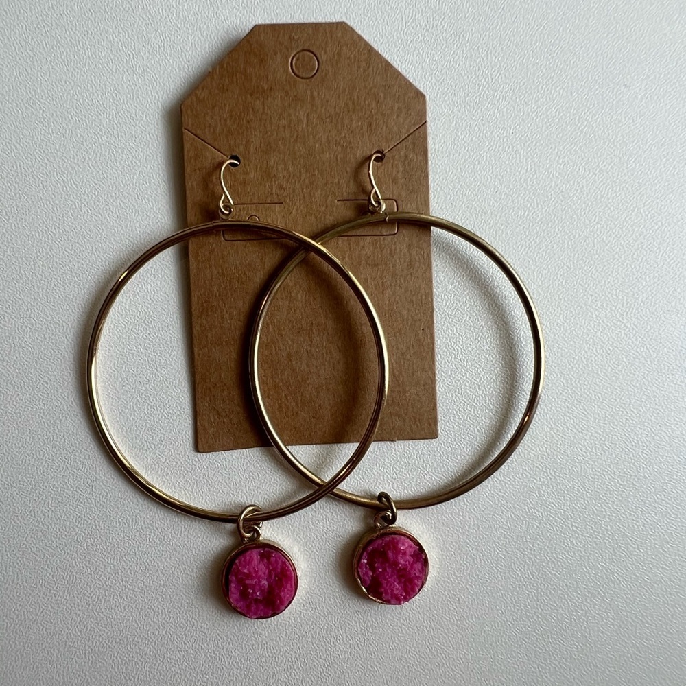 Gold Hoop Earrings with Pink Stone